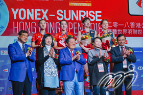 Champion Yuki Fukushima and Sayaka Hirota of Japan and first runner-up LEE So Hee and SHIN Seung Chan of Korea in the Women's Doubles.