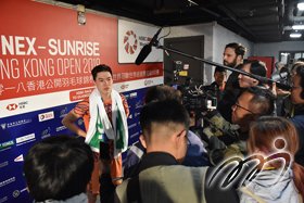 LEE Cheuk Yiu, a Hong Kong Team player, won the second runner-up title in the Men's Singles.  He is being interviewed by the media after the match.