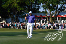 Sam BRAZEL makes a gesture of victory after holing his putt.