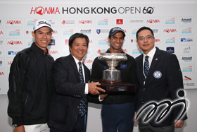 A happy Aaron Rai pictured with the Golf Association of Hong Kong, China's President Nishi Yoshihiro & Vice President Kenneth Lam as well as Matthew Cheung the leading Hong Kong Player at the 2018 Honma Hong Kong Open Presentation.