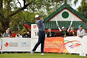 Tony Finau (USA) tees off on the 18th Tee