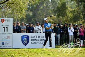 Wade Ormsby (Australia) watches his tee shot on the 11th Tee