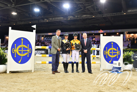 Clarissa LYRA (second from left) and Vincent HO (second from right) of Team DASH win the champion of the HKJC Race of the Riders.  Dr Simon IP, Chairman of the HKJC (first from left) and Mr Winfred ENGELBRECHT-BRESGES, Chief Executive Officer of the HKJC (first from right), present the plates to them.
