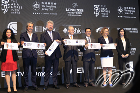 From left: Ms. Paule Ignacio, Deputy Consul General of France; Mr. Raphael Le Masne De Chermont, Chairman of Asia Horse Week; Mr. Christophe Ameeuw, Founder of Asia Horse Week; Mr. Anthony Chow, Chairman of Hong Kong Jockey Club; Mr. Michael Lee, President of Hong Kong Equestrian Federation; Ms. Sabrina Ibanez, FEI Secretary General and; Ms. Giorgia Norfo, Deputy Consul General of Italy at the Opening Ceremony of Asia Horse Week.