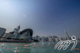 An unprecedented scale of swimmers are swimming hard across Victoria Harbour to their destination at Wan Chai Golden Bauhinia Square Public Pier.