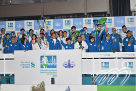 Mrs Carrie LAM, (front row: middle), Chief Executive of the Hong Kong Special Administrative Region, and Mr Stephen LO, (front row: first from left), Commissioner of Police, are officiating at the Marathon Challenge race.
