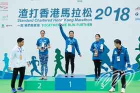 The top three HKAAA's registered women athletes who take part in the Standard Chartered Hong Kong Marathon 2018 are champion WONG Tsz-yan (middle), 1st runner-up Jane RICHARDS (second from left) and 2nd runner-up FAN Ching-yee (second from right) respectively.