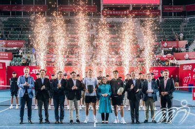 Bank of China Hong Kong Tennis Open Singles Champion & Runner Up celebrate with officiating guests after the Final. L to R: Mr. Mark Woodforde, Tournament Ambassador, Mr. Oscar Chow, Honourary Secretary of Hong Kong, China Tennis Association and Chairman of Hong Kong Tennis Open Steering Committee, Mr. Sun Yu, Vice Chairman and Chief Executive of Bank of China (Hong Kong), Mr. Kenneth Fok, JP, Legislative Councillor for the Sports, Performing Arts, Culture and Publication Functional Constituency, Bank of China Hong Kong Tennis Open 2025 champion  Alexandre Muller, Miss Law Shuk Pui, Rosanna, JP, Secretary for Culture, Sports and Tourism Culture, Sports and Tourism Bureau, BOCHKTO runner-up Kei Nishikori, Mr. Michael Cheng, President of Hong Kong, China Tennis Association, Mr. Cedric Mourier, ATP Supervisor, Mr. Pat Cash, Tournament Ambassador