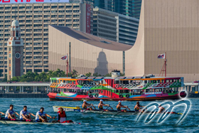 海岸男子四人雙槳有舵手艇決賽A在維港舉行，以天星小輪及維港兩岸作為背景, 極具香港特色