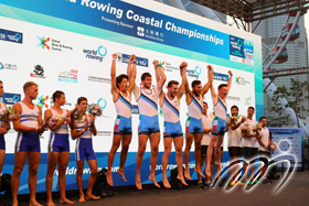 An exciting moment of announcing the winners (Italy) of the Coastal Men's Coxed Quadruple Sculls at the Victory Ceremony