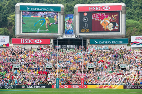 The packed South Stand of Hong Kong Stadium on Day2 of the Cathay Pacific/HSBC Hong Kong Sevens.