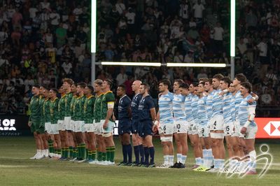South Africa and Argentina line up for the anthems ahead of Sunday's Men's Cup Final
