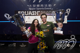 Ramy ASHOUR and Nouran GOHAR, the men's and women's champions respectively, are both from Egypt and taking a celebratory photo together after the prize presentation ceremony.