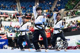 (From left) Athletes LUI Ching Nam, LUI Ho Yin, and CHAN Chung Yin, representatives of the Hong Kong,China Taekwondo Poomsae Team in Recognized Poomsae Male Team U30