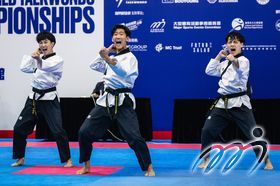 (From left) Athletes LUI Ho Yin, CHAN Chung Yin, and LUI Ching Nam, representatives of the Hong Kong Taekwondo Poomsae Team in Recognized Poomsae Male Team U30
