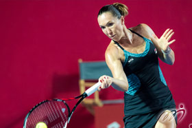 Jelena JANKOVIC from Serbia hits the ball in the Singles quarter final.