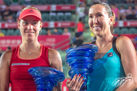 The Singles champion, Jelena JANKOVIC (right) and the first runner-up, Angelique KERBER (left) after receiving the awards.
