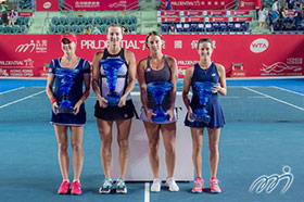 The Doubles champion, Alizé CORNET from France & Yaroslava SHVEDOVA from Kazakhstan (left) and the first runner-up, Lara ARRUABARRENA from Spain & Andreja KLEPAČ from Slovenia (right) after receiving the awards.