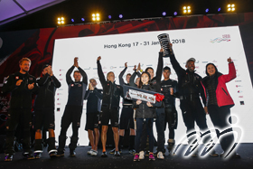 Team Sun Hung Kai/Scallywag is on the stage receiving the trophy for their victory in Leg 4 of the Volvo Ocean Race. Team Sun Hung Kai/Scallywag is on the stage receiving the trophy for their victory in Leg 4 of the Volvo Ocean Race.