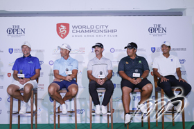 Ian Poulter (England), Henrik Stenson (Sweden), Wade Ormsby (Australia), Kiradech Aphibarnrat (Thailand) and Tacihi Kho (Hong Kong) during the 'Meet the Players' press conference prior to the start of the World City Championship.