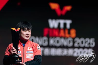 WTT Finals Hong Kong 2025 men's singles champion Tomokazu Harimoto claims victory on stage, etching a legendary moment.